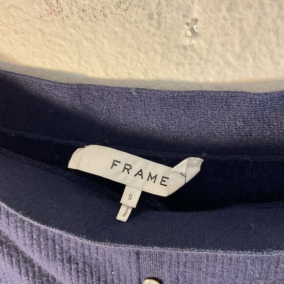 Frame Sweater Womens Small Navy Blue Off Shoulder cardigan Striped academia - Picture 3 of 9